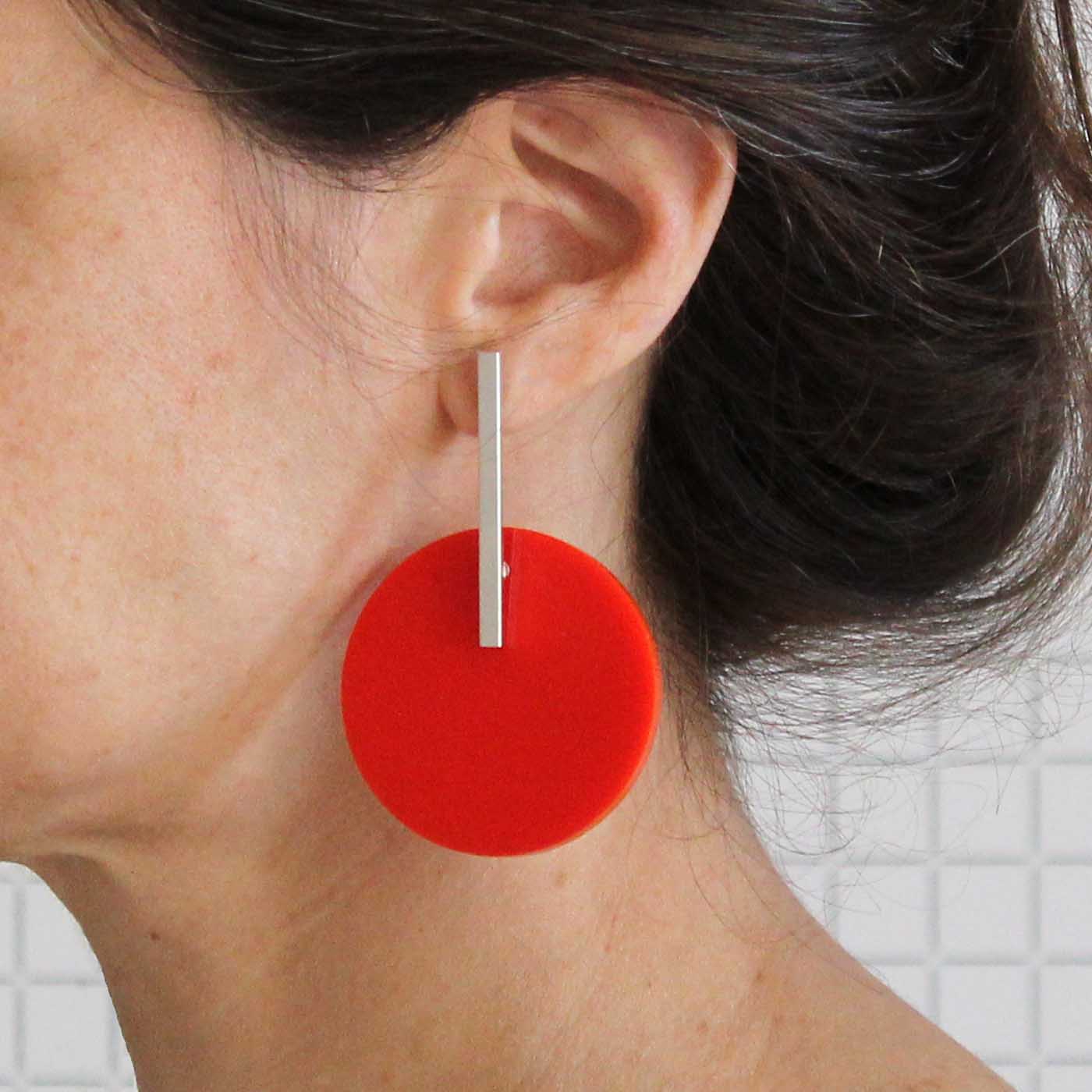 Circle Earrings in Silver with Red Acrylic